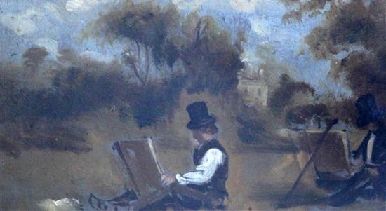 Circle of J.M.W.Turner Artists sketching in a landscape, a study of a rabbit seller verso 4 x 7.5in.